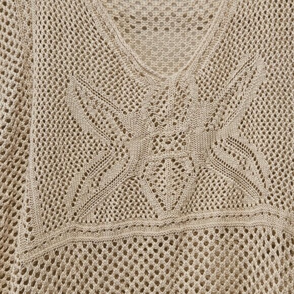 Beige Knit Poncho with Fringe - Picture 3 of 6